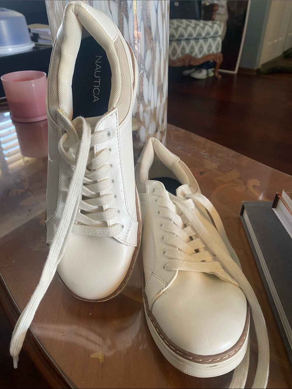 Nautica Women's Off-White Leather Lace-Up Sneakers with Tan Trim